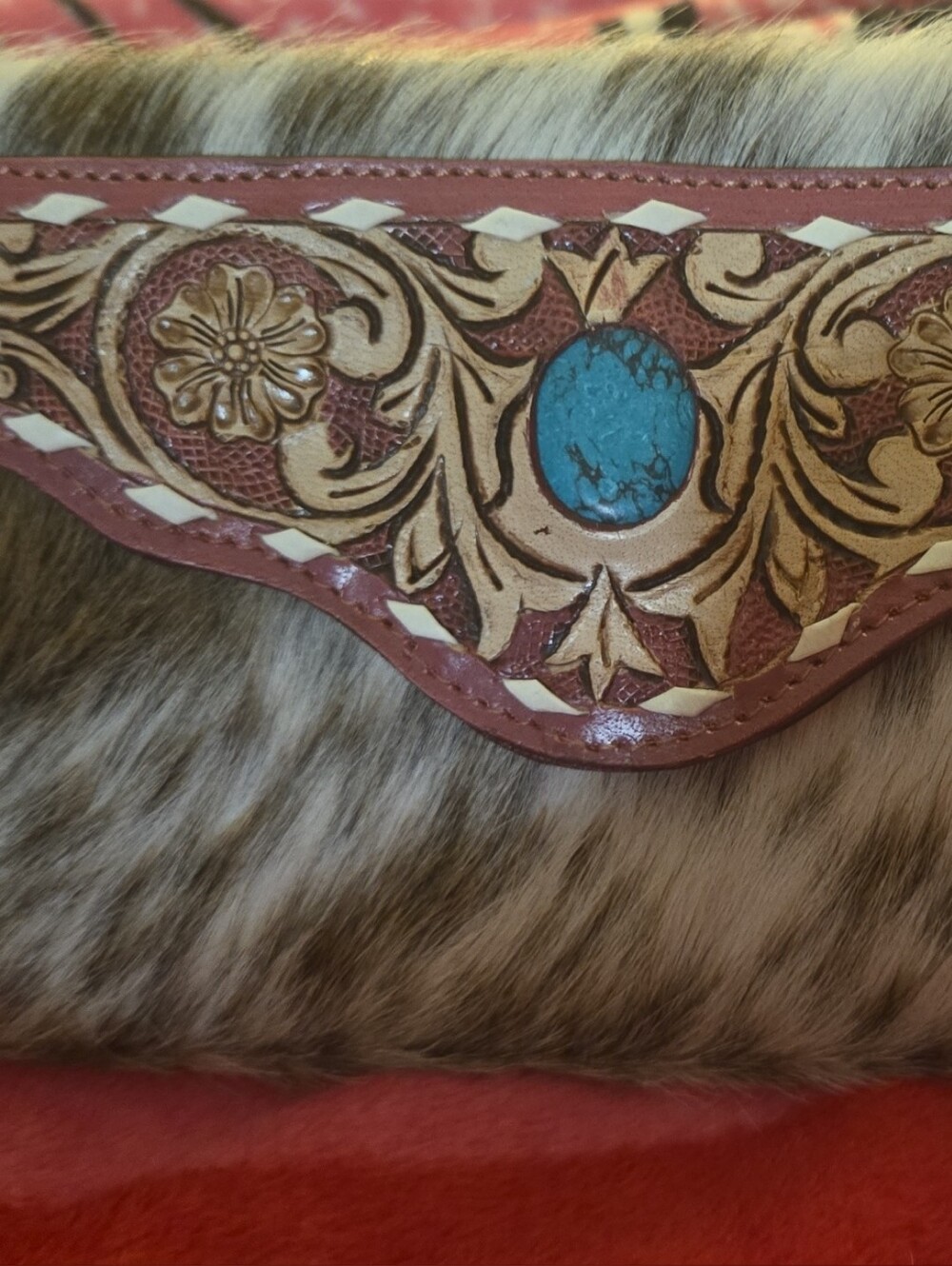 Tooled Leather Real Hair On Hide, Turquoise Accent Wristlet/Wallet/Clutch